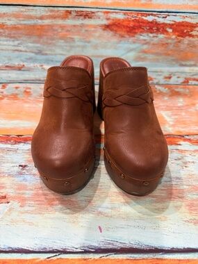 MIA Chestnut Brown Braided Leather Clog Mules